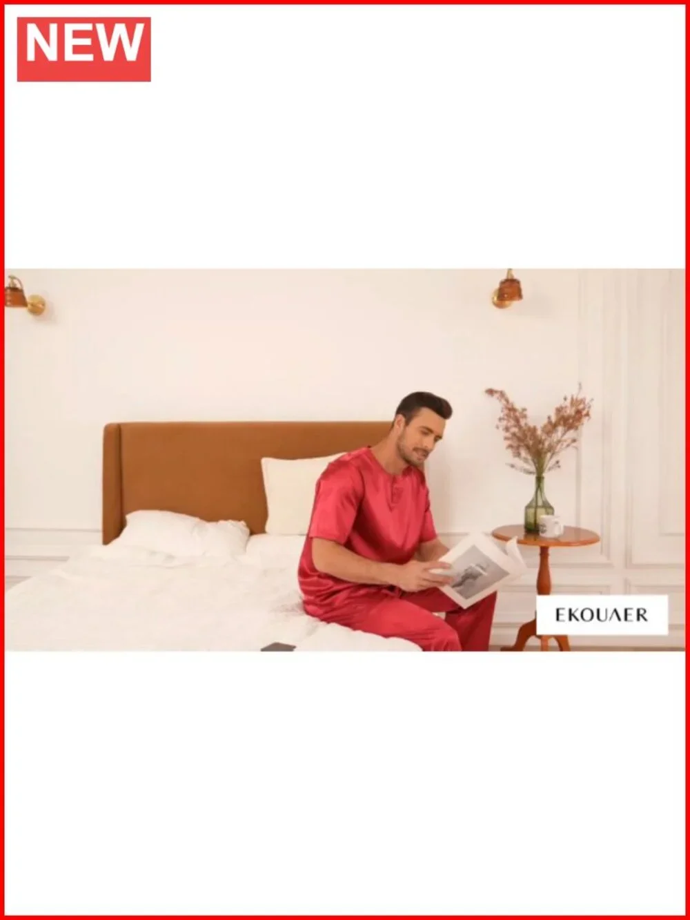Mens Silk Satin Pajama Set Short Sleeve Sleepwear Loungewear with Long Pants